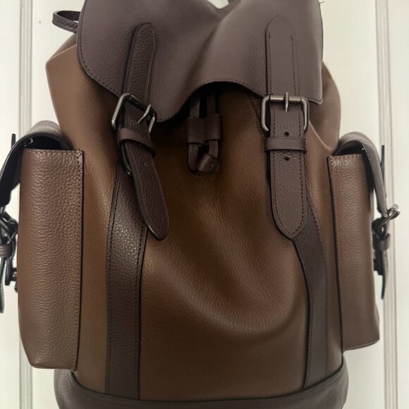 Coach Mens two  tone Brown Pebbled Leather Backpack - Picture 2 of 8